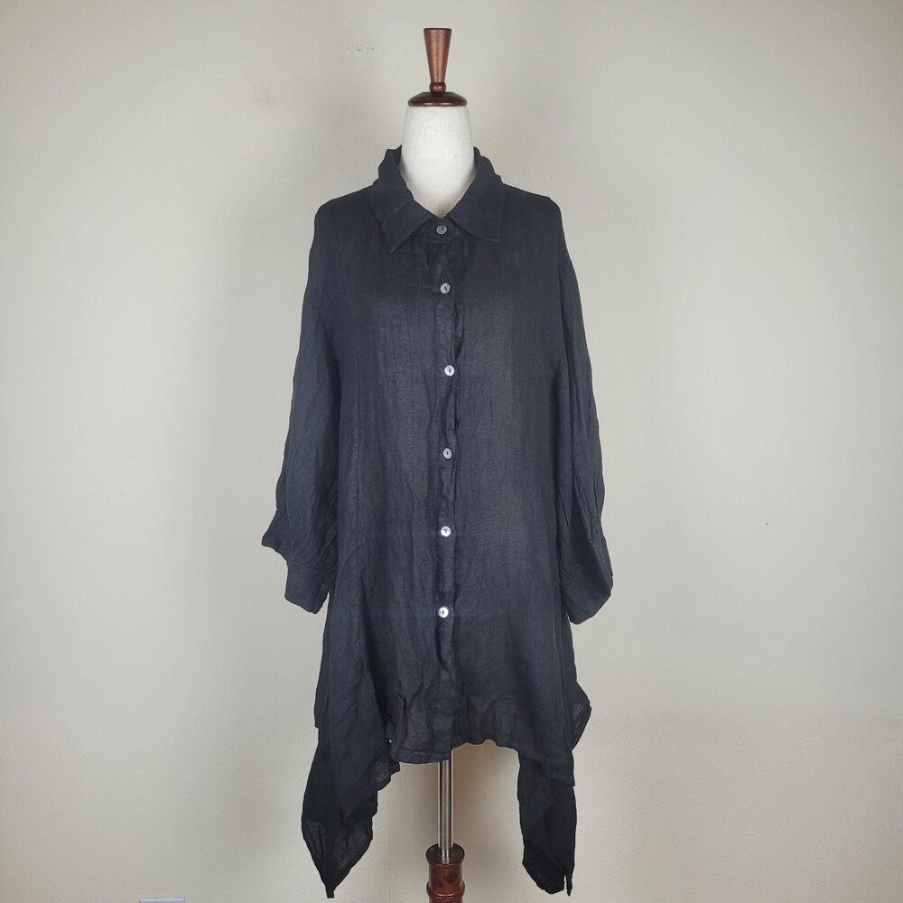 Linen Crush Shirt Lg Black Linen Asymmetrical Collared Tunic Top Handkerchief